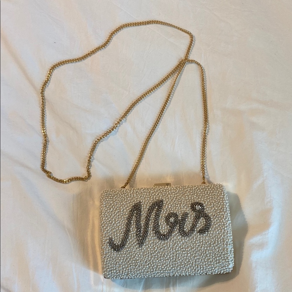 Elegant Cream Beaded Clutch with Gold Chain